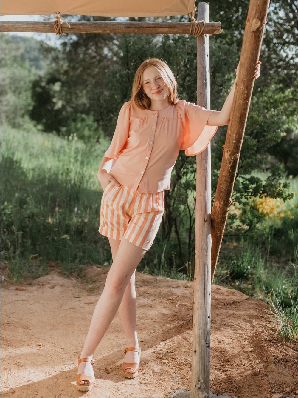 Striped Coral & White High-Rise Bermuda Shorts by